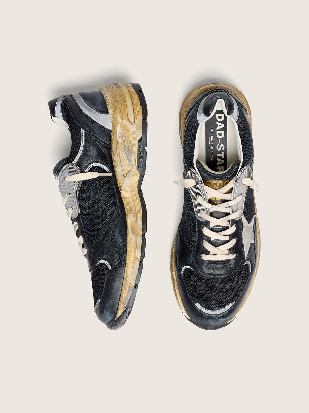 Golden Goose Womens Dad-Star In Black And Silver Mesh And Nappa With Ice-Gray Star Womens