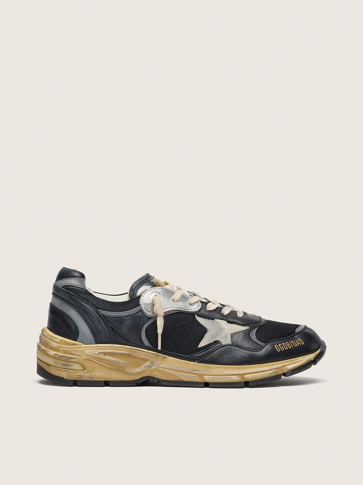 Golden Goose Womens Dad-Star In Black And Silver Mesh And Nappa With Ice-Gray Star Womens