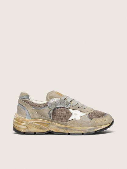 Golden Goose Womens Dad-Star In Dove-Gray Suede And Silver Mesh With White Leather Star And Suede Heel Tab Womens