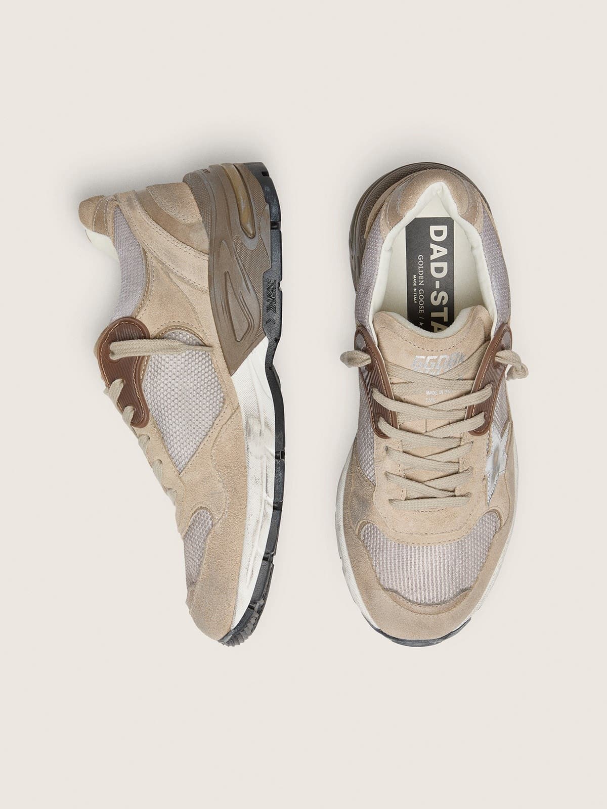Golden Goose Womens Dad-Star In Beige Mesh And Suede With Silver Leather Star Womens