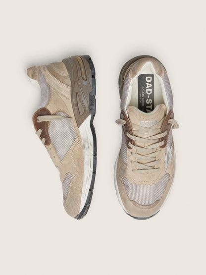 Golden Goose Womens Dad-Star In Beige Mesh And Suede With Silver Leather Star Womens