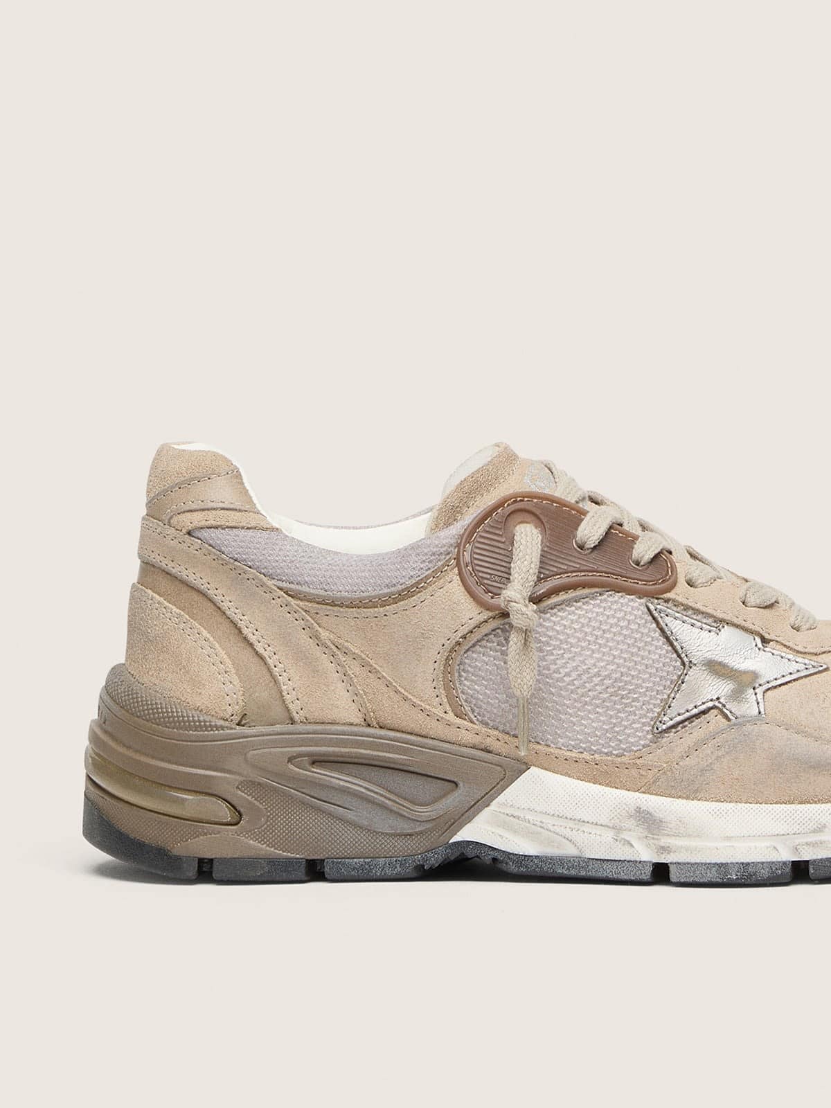 Golden Goose Womens Dad-Star In Beige Mesh And Suede With Silver Leather Star Womens