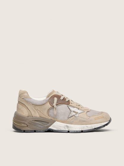 Golden Goose Womens Dad-Star In Beige Mesh And Suede With Silver Leather Star Womens