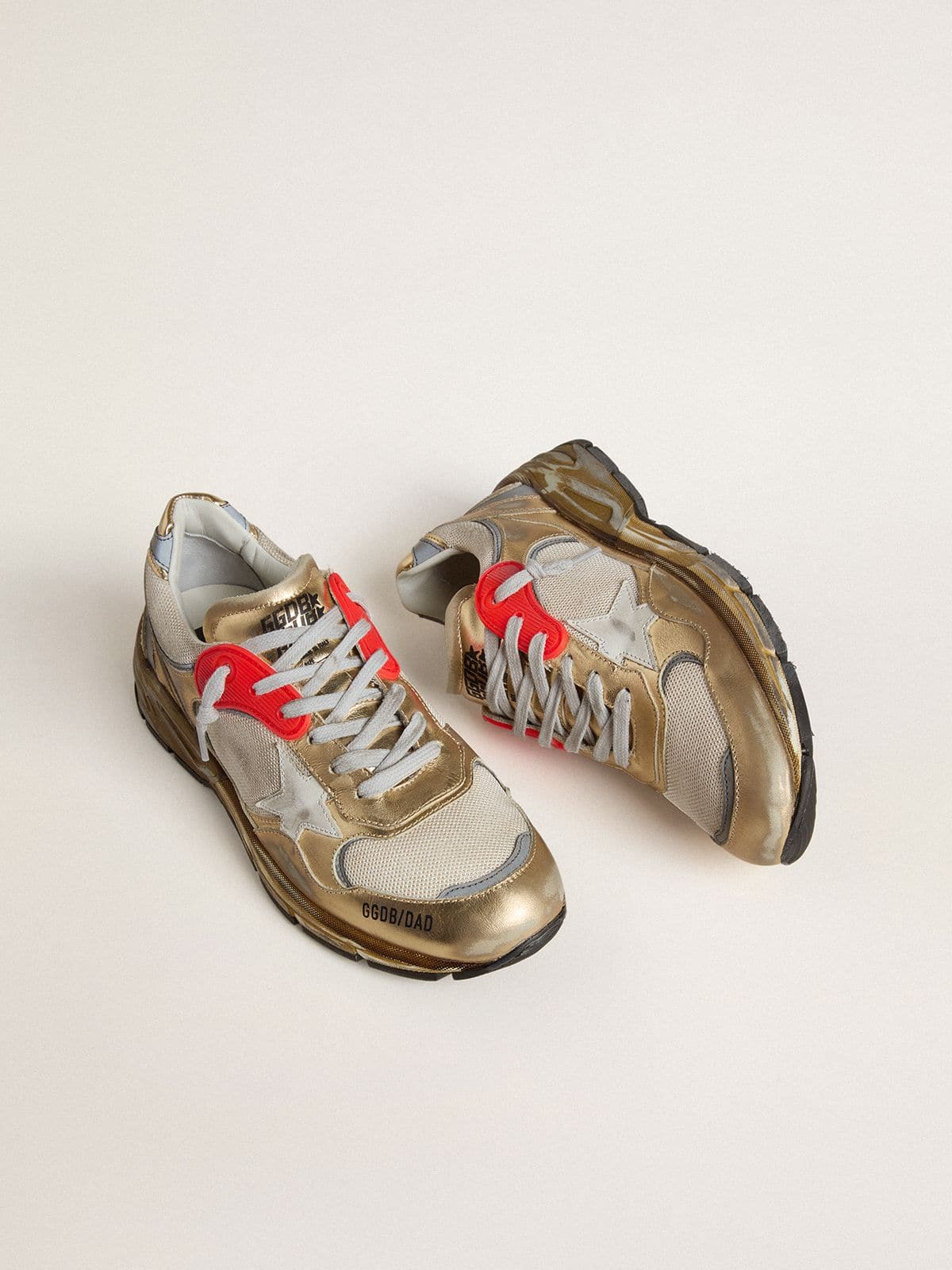 Golden Goose Womens Dad-Star In Mesh And Gold Foiled Leather With White Leather Star Womens