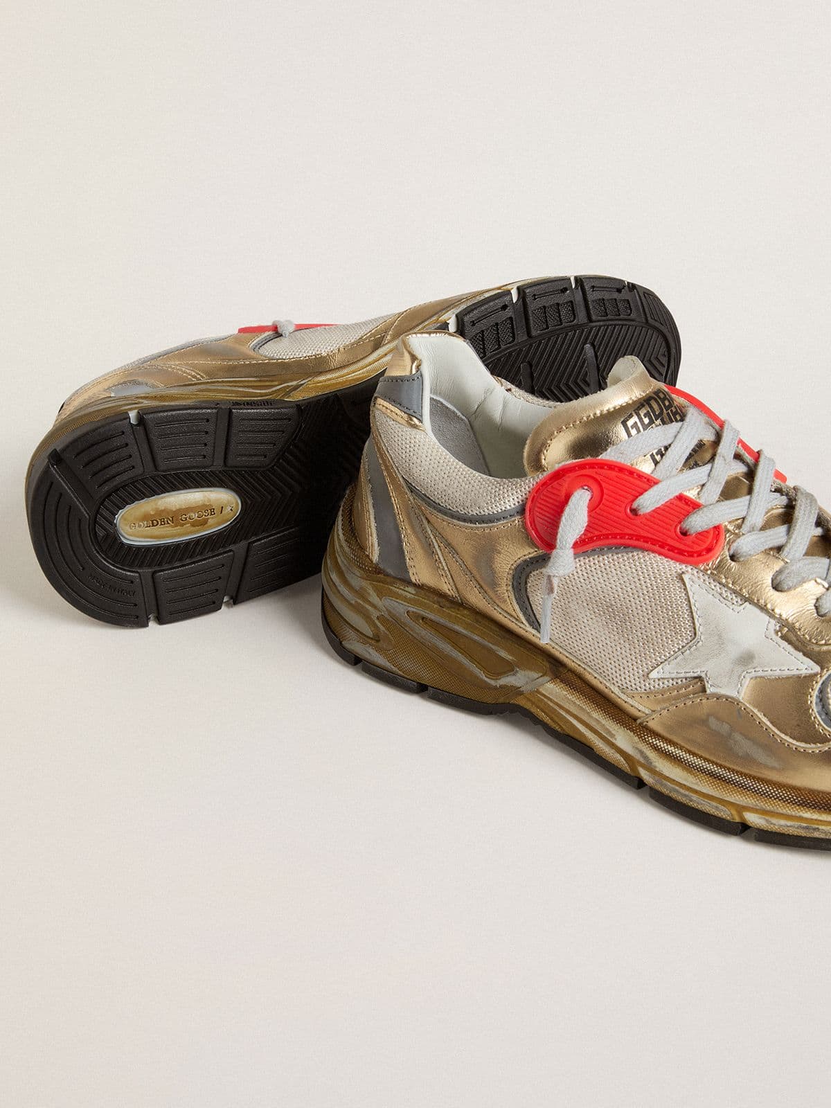 Golden Goose Womens Dad-Star In Mesh And Gold Foiled Leather With White Leather Star Womens