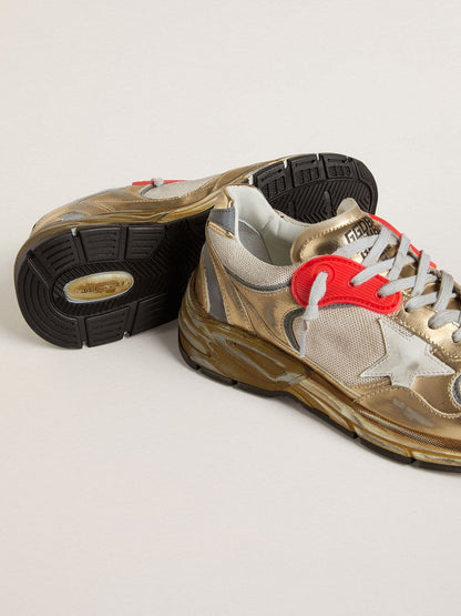 Golden Goose Womens Dad-Star In Mesh And Gold Foiled Leather With White Leather Star Womens