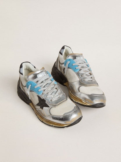 Golden Goose Womens Dad-Star In Mesh And Silver Foiled Leather With Black Suede Star Womens
