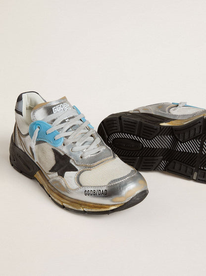 Golden Goose Womens Dad-Star In Mesh And Silver Foiled Leather With Black Suede Star Womens
