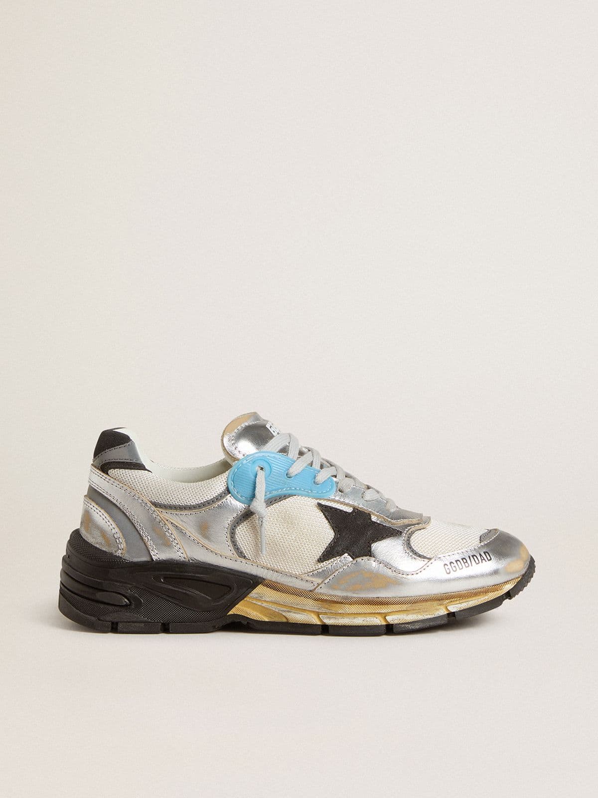 Golden Goose Womens Dad-Star In Mesh And Silver Foiled Leather With Black Suede Star Womens