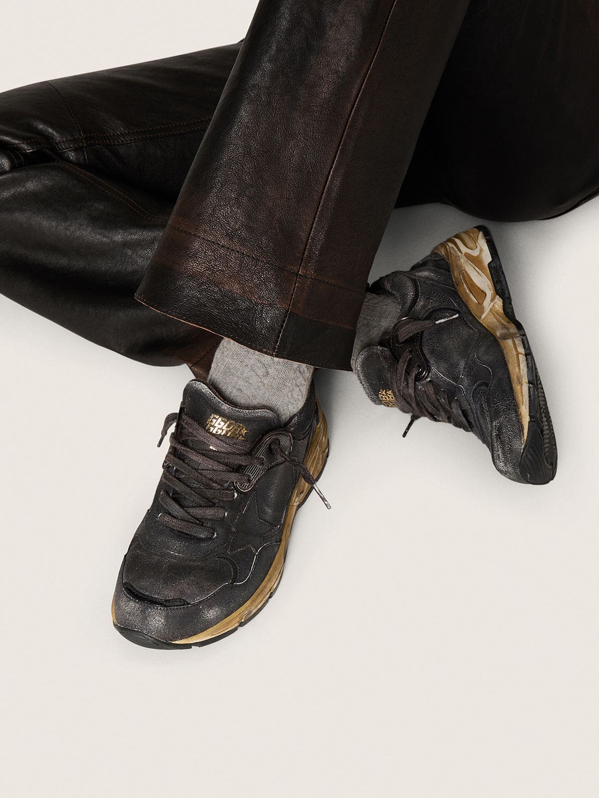 Golden Goose Womens Dad-Star In Black Naplak And Crackle Leather With Black Star And Heel Tab Womens