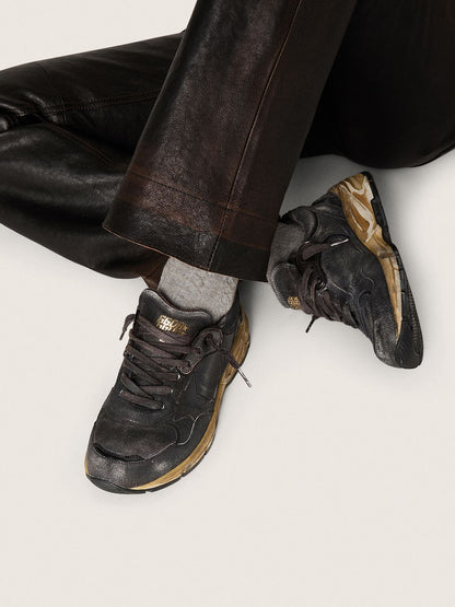 Golden Goose Womens Dad-Star In Black Naplak And Crackle Leather With Black Star And Heel Tab Womens