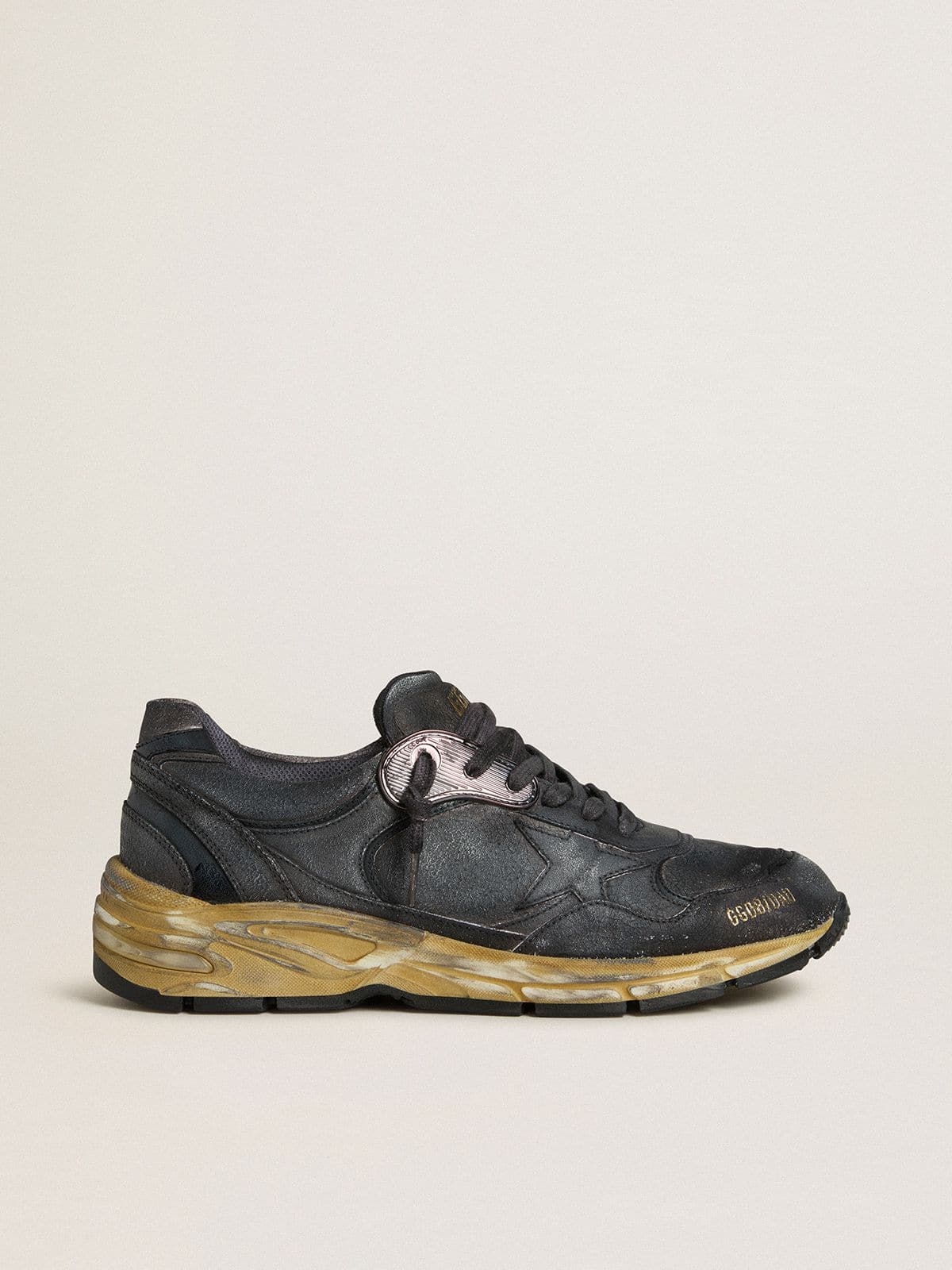 Golden Goose Womens Dad-Star In Black Naplak And Crackle Leather With Black Star And Heel Tab Womens
