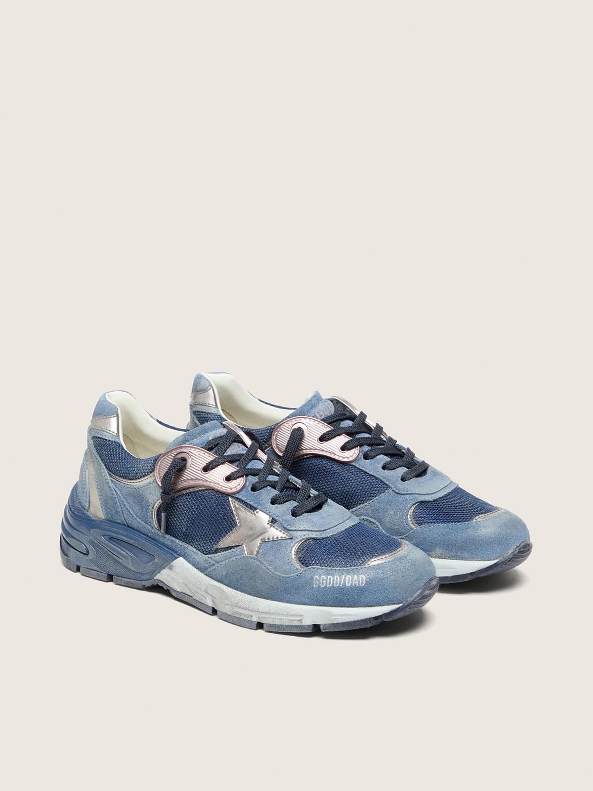 Golden Goose Womens Dad-Star In Denim-Blue Suede With Silver Leather Star Womens