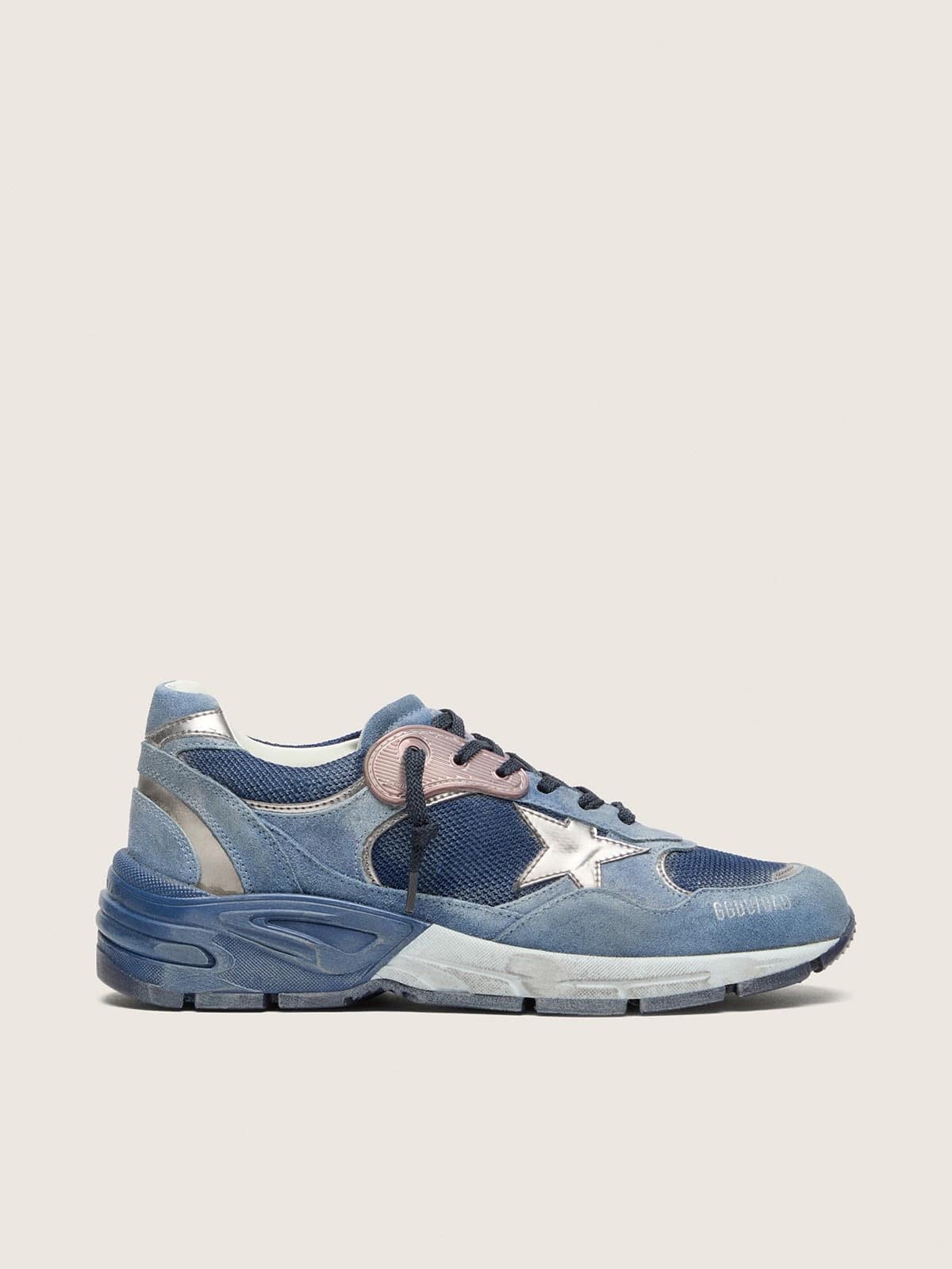 Golden Goose Womens Dad-Star In Denim-Blue Suede With Silver Leather Star Womens