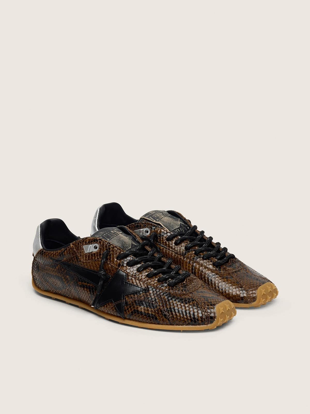 Golden Goose Womens Marathon Speed In Leather With Brown Snake Print, Black Star And Silver Leather Heel Tab Womens