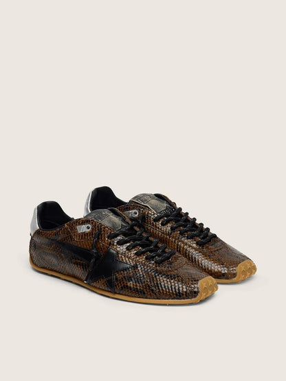 Golden Goose Womens Marathon Speed In Leather With Brown Snake Print, Black Star And Silver Leather Heel Tab Womens