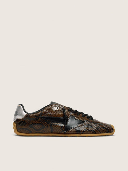 Golden Goose Womens Marathon Speed In Leather With Brown Snake Print, Black Star And Silver Leather Heel Tab Womens