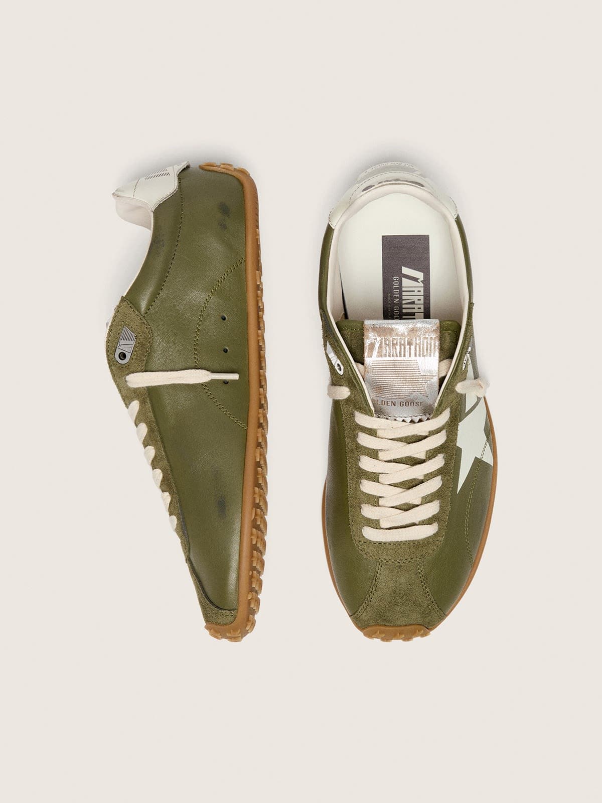 Golden Goose Womens Marathon Speed In Olive-Green Leather With Cream Star Womens