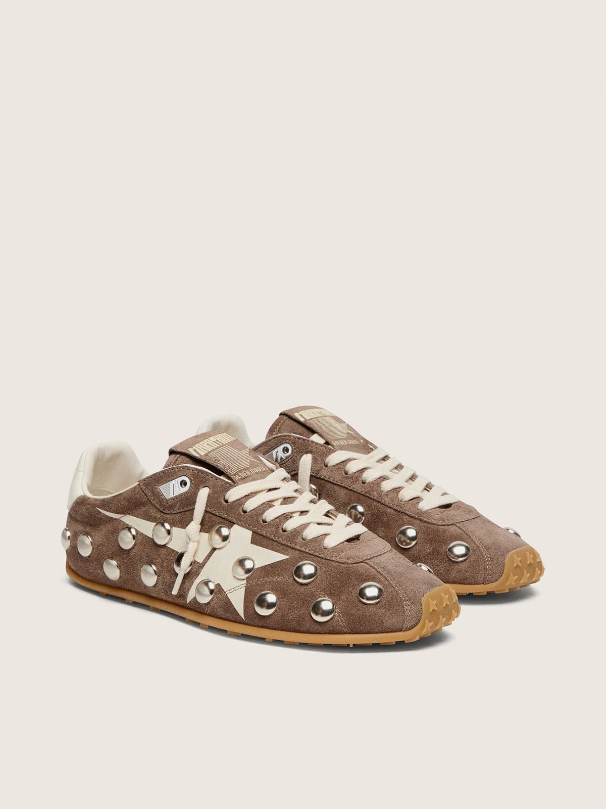 Golden Goose Womens Marathon Speed In Anthracite-Gray Suede With White Star And Metal Studs Womens