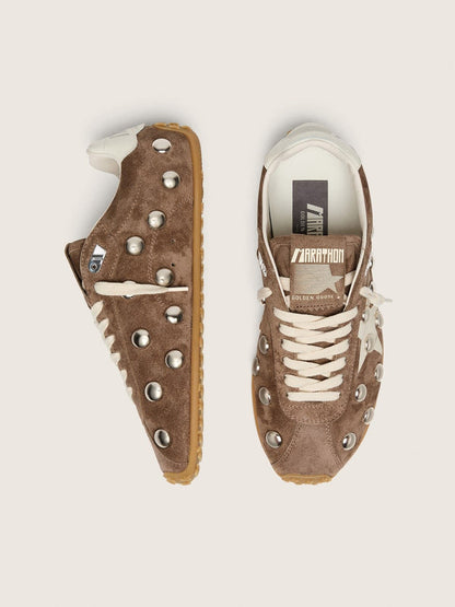 Golden Goose Womens Marathon Speed In Anthracite-Gray Suede With White Star And Metal Studs Womens