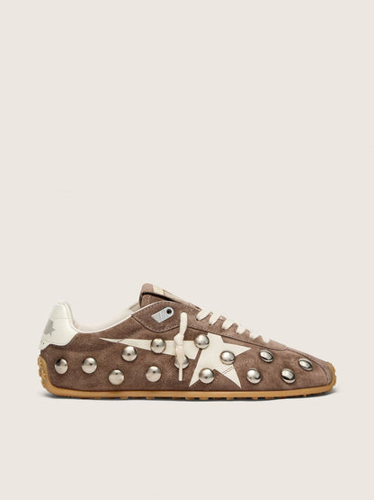Golden Goose Womens Marathon Speed In Anthracite-Gray Suede With White Star And Metal Studs Womens