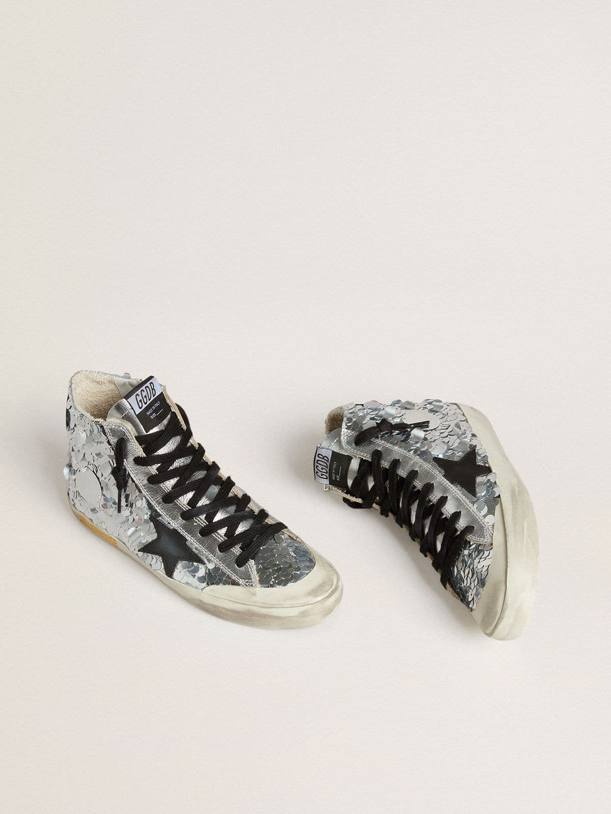 Golden Goose Womens Francy In Nylon With All-Over Silver Sequins And Black Leather Star Womens