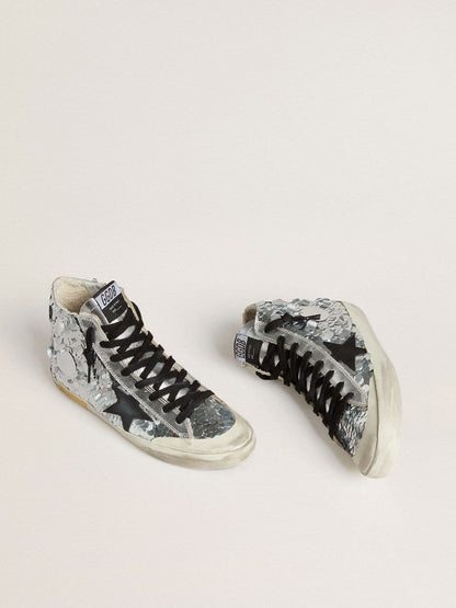 Golden Goose Womens Francy In Nylon With All-Over Silver Sequins And Black Leather Star Womens