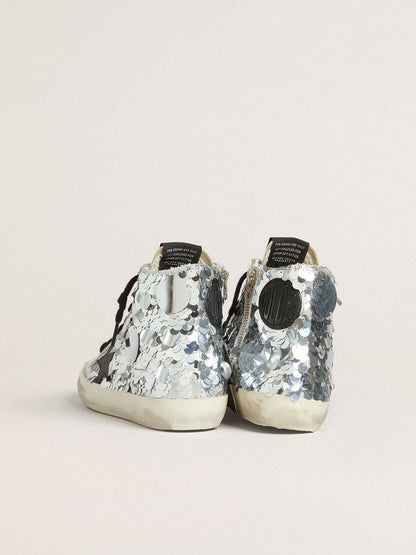 Golden Goose Womens Francy In Nylon With All-Over Silver Sequins And Black Leather Star Womens