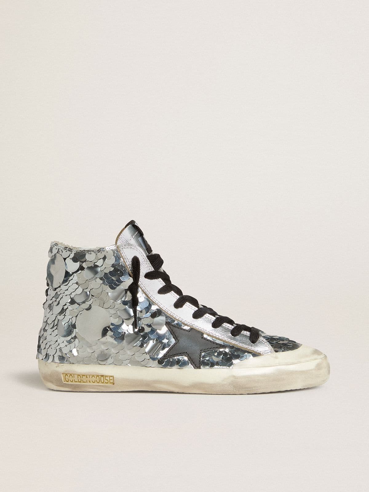 Golden Goose Womens Francy In Nylon With All-Over Silver Sequins And Black Leather Star Womens