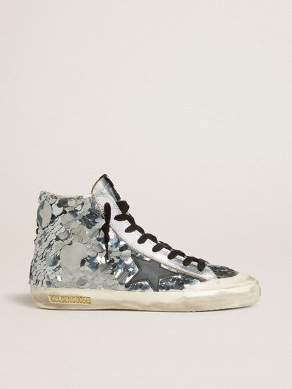 Golden Goose Womens Francy In Nylon With All-Over Silver Sequins And Black Leather Star Womens