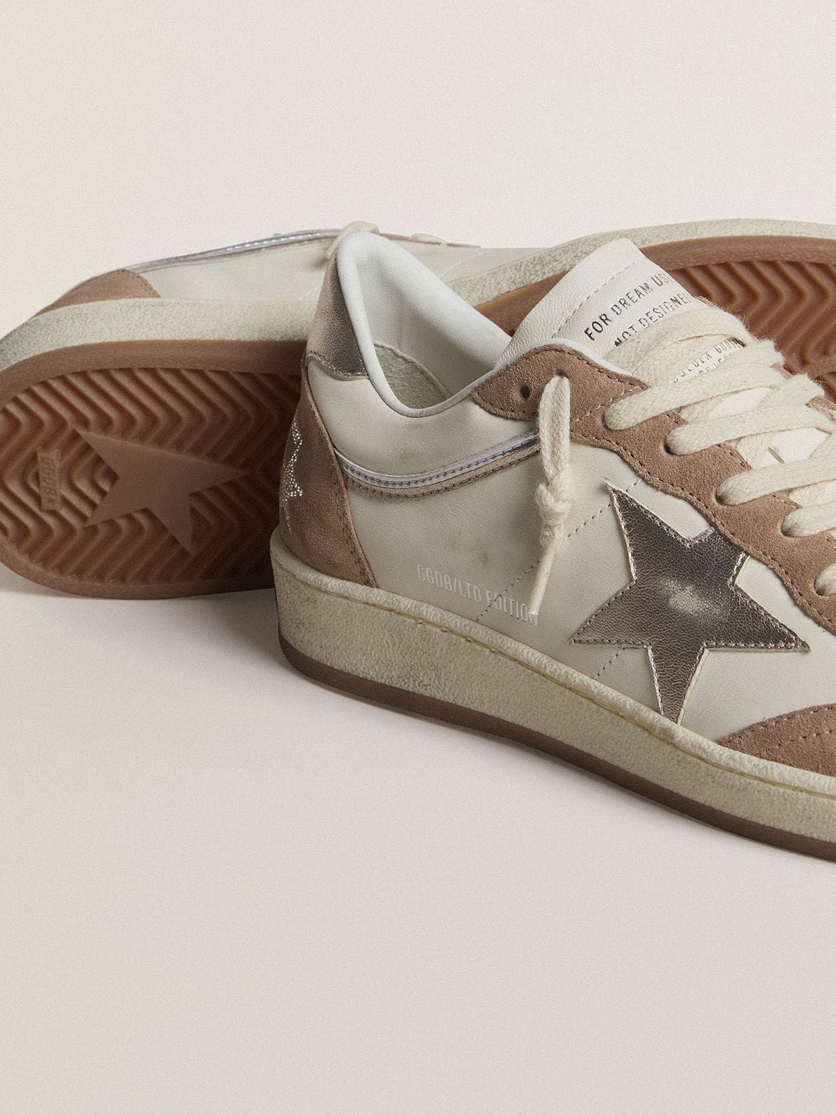 Golden Goose Ball Star Ltd In White Nappa Leather And Old Rose Suede With Metallic Silver Leather Star And Heel Tab Womens