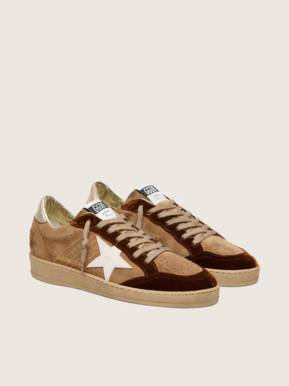 Golden Goose Womens Ball Star In Tobacco Suede With White Leather Star And Cognac Velvet Inserts Womens