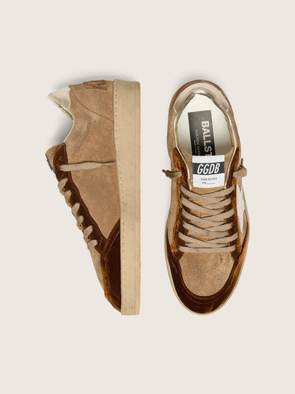 Golden Goose Womens Ball Star In Tobacco Suede With White Leather Star And Cognac Velvet Inserts Womens