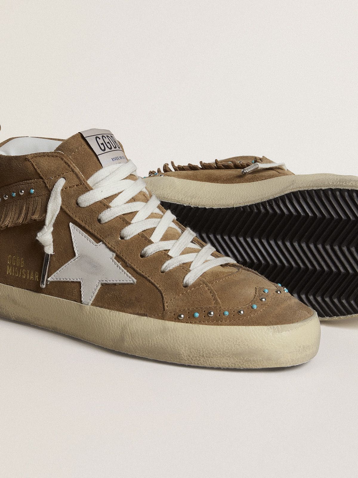 Golden Goose Womens Mid Star In Tobacco Suede With Fringing And Studs Womens