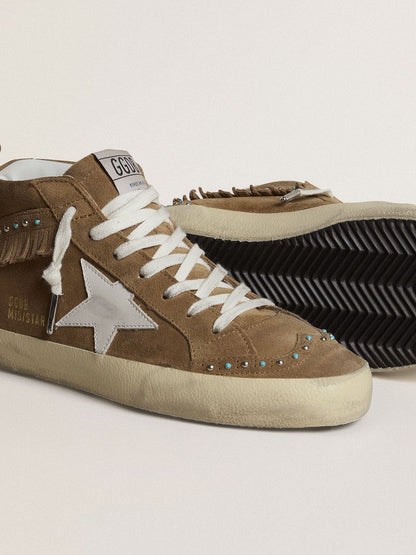 Golden Goose Womens Mid Star In Tobacco Suede With Fringing And Studs Womens