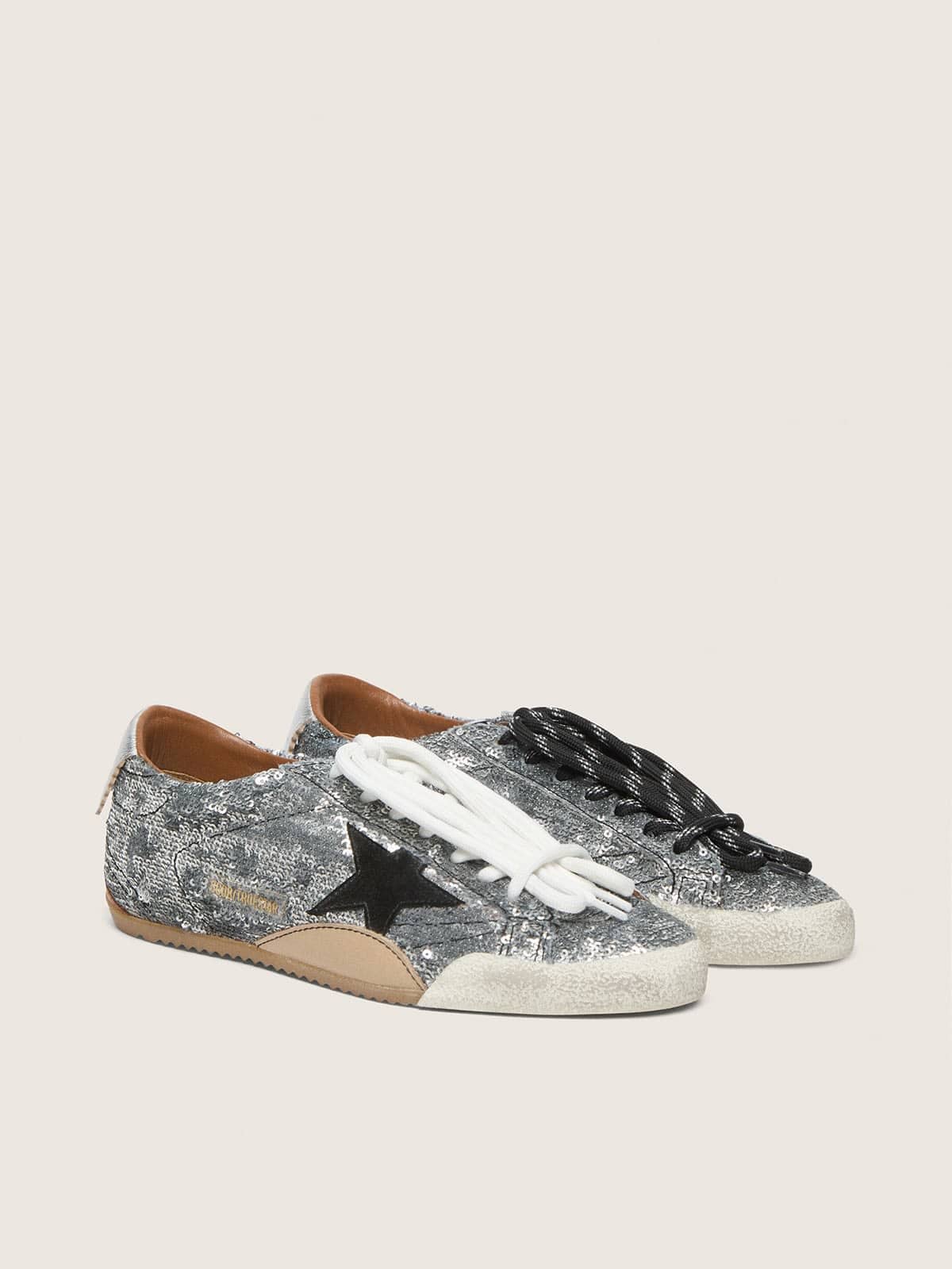 Golden Goose Womens True-Star In Silver Sequins With Black Star And Silver Leather Heel Tab Womens