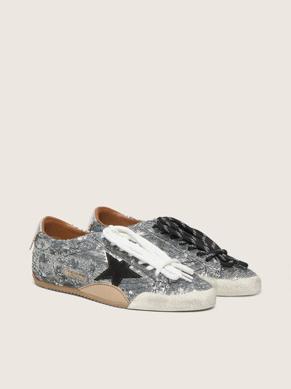 Golden Goose Womens True-Star In Silver Sequins With Black Star And Silver Leather Heel Tab Womens
