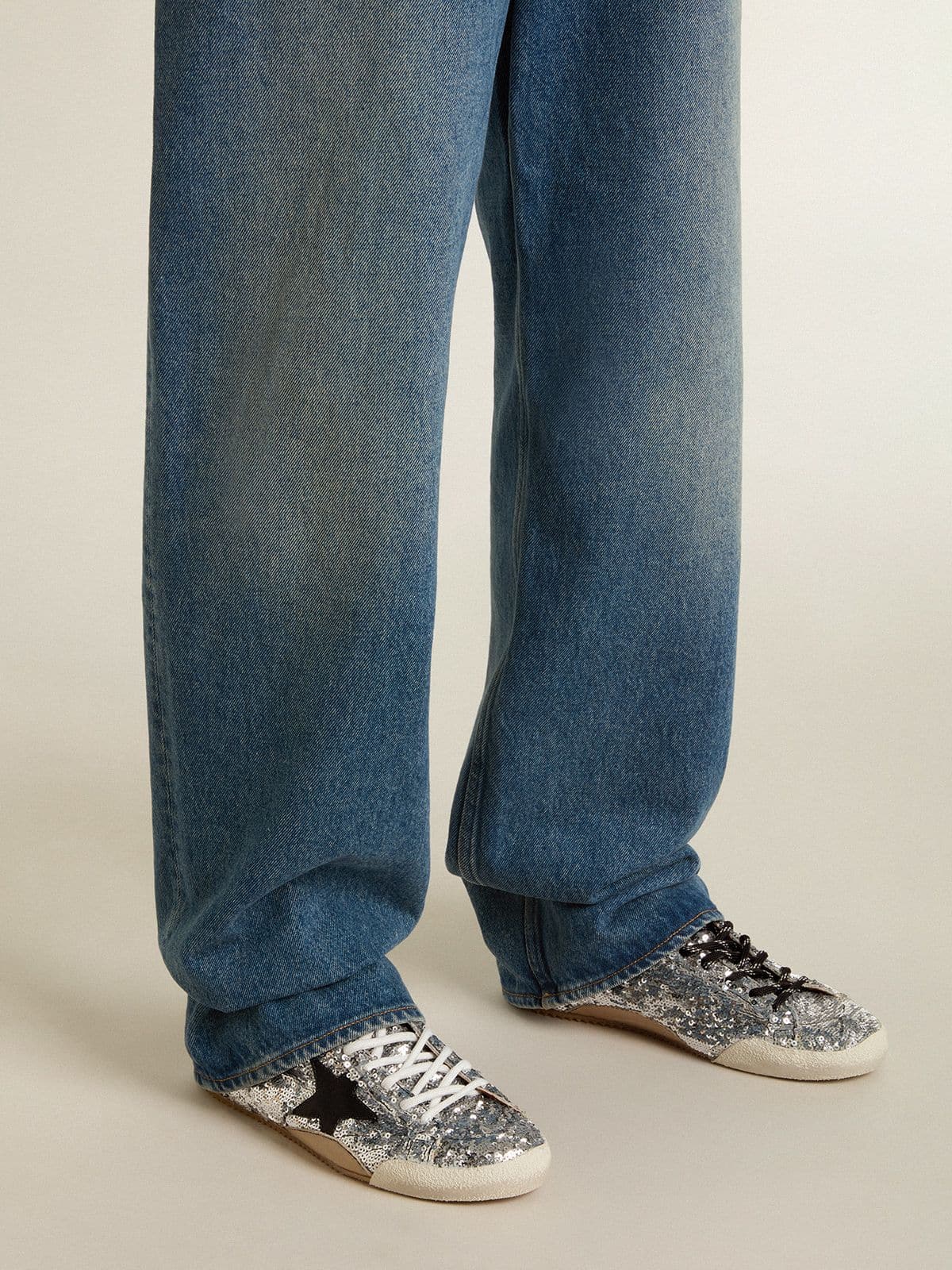 Golden Goose Womens True-Star In Silver Sequins With Black Star And Silver Leather Heel Tab Womens
