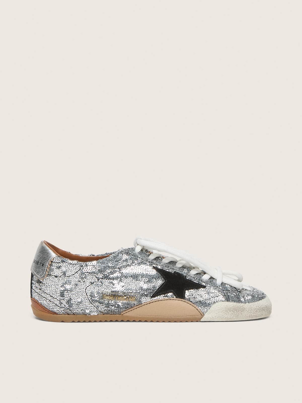 Golden Goose Womens True-Star In Silver Sequins With Black Star And Silver Leather Heel Tab Womens