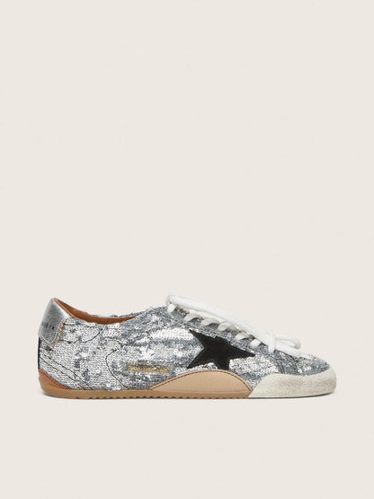 Golden Goose Womens True-Star In Silver Sequins With Black Star And Silver Leather Heel Tab Womens