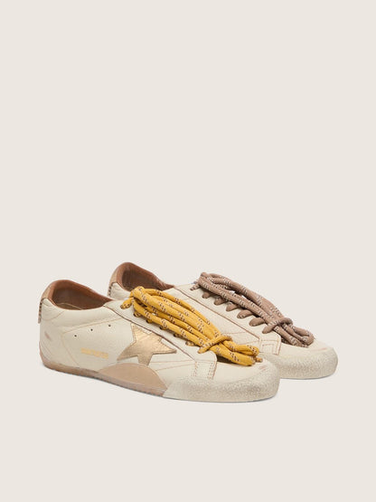 Golden Goose Womens True-Star In White Nappa Leather With Gold Star And Beige Suede Heel Tab Womens
