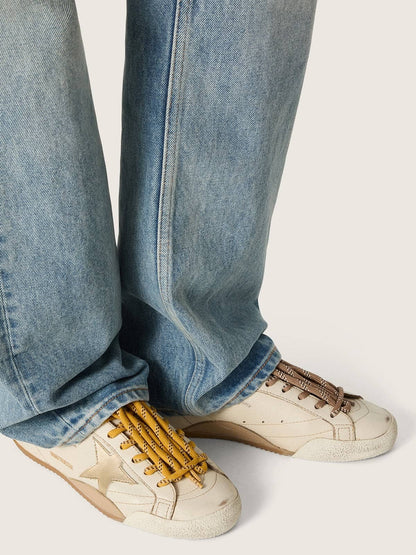 Golden Goose Womens True-Star In White Nappa Leather With Gold Star And Beige Suede Heel Tab Womens
