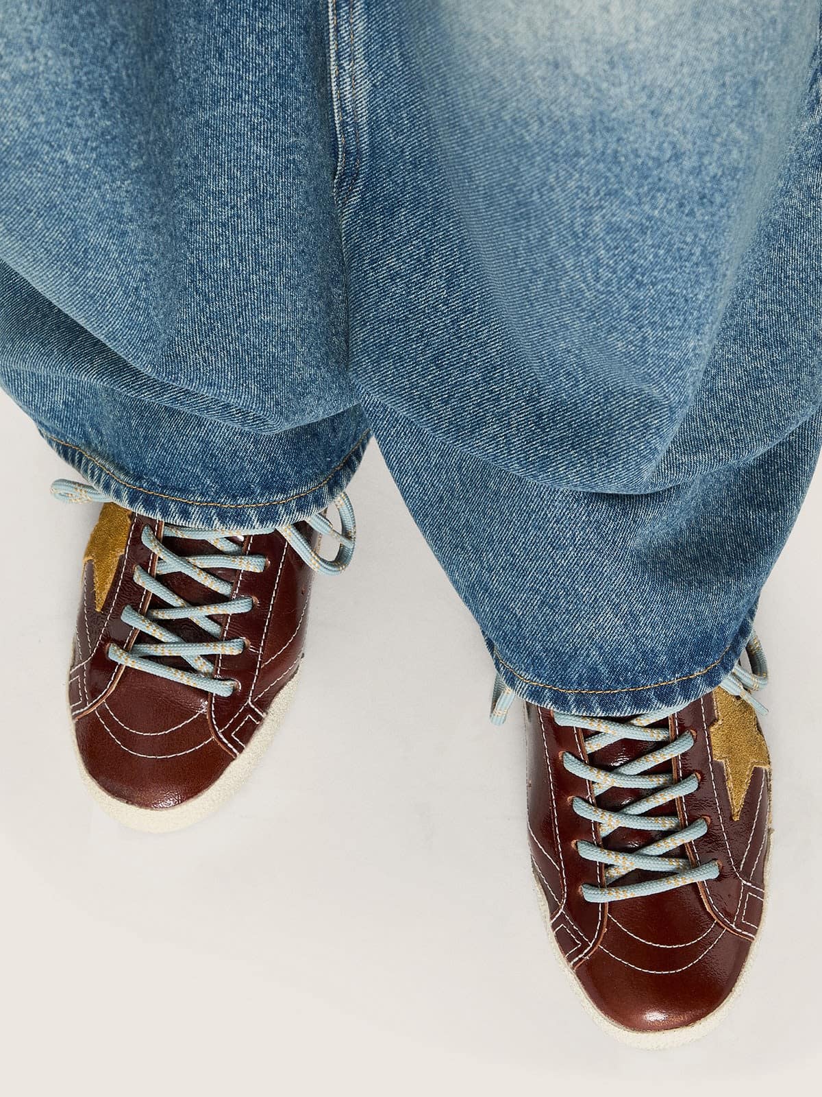 Golden Goose Womens True-Star In Burgundy Naplak With Suede Star And Silver Nappa Heel Tab Womens
