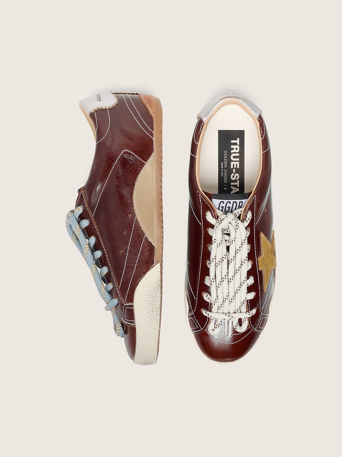 Golden Goose Womens True-Star In Burgundy Naplak With Suede Star And Silver Nappa Heel Tab Womens