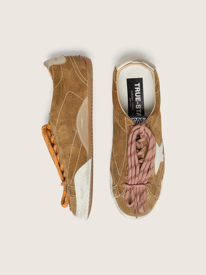 Golden Goose Womens True-Star In Tobacco-Colored Suede With White Star And Platinum Heel Tab Womens