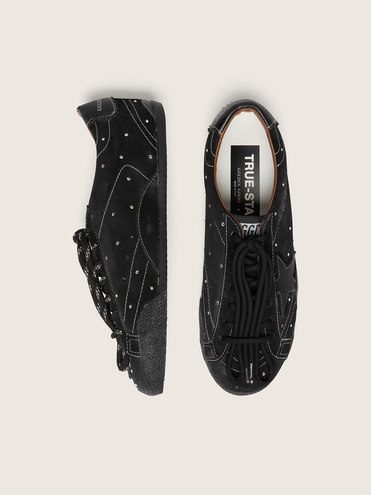 Golden Goose Womens True-Star In Black Suede With Swarovski Crystals And Black Leather Star Womens