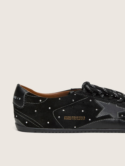 Golden Goose Womens True-Star In Black Suede With Swarovski Crystals And Black Leather Star Womens