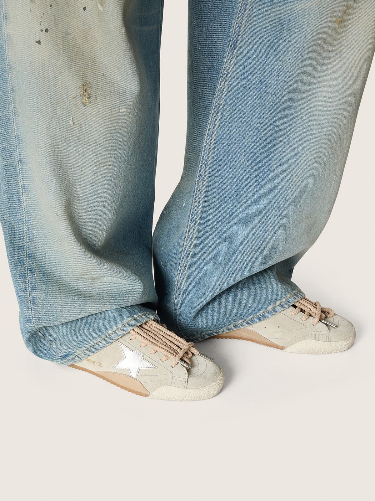 Golden Goose Womens True-Star In Light Gray Suede With Metallic Silver Star And Heel Tab Womens