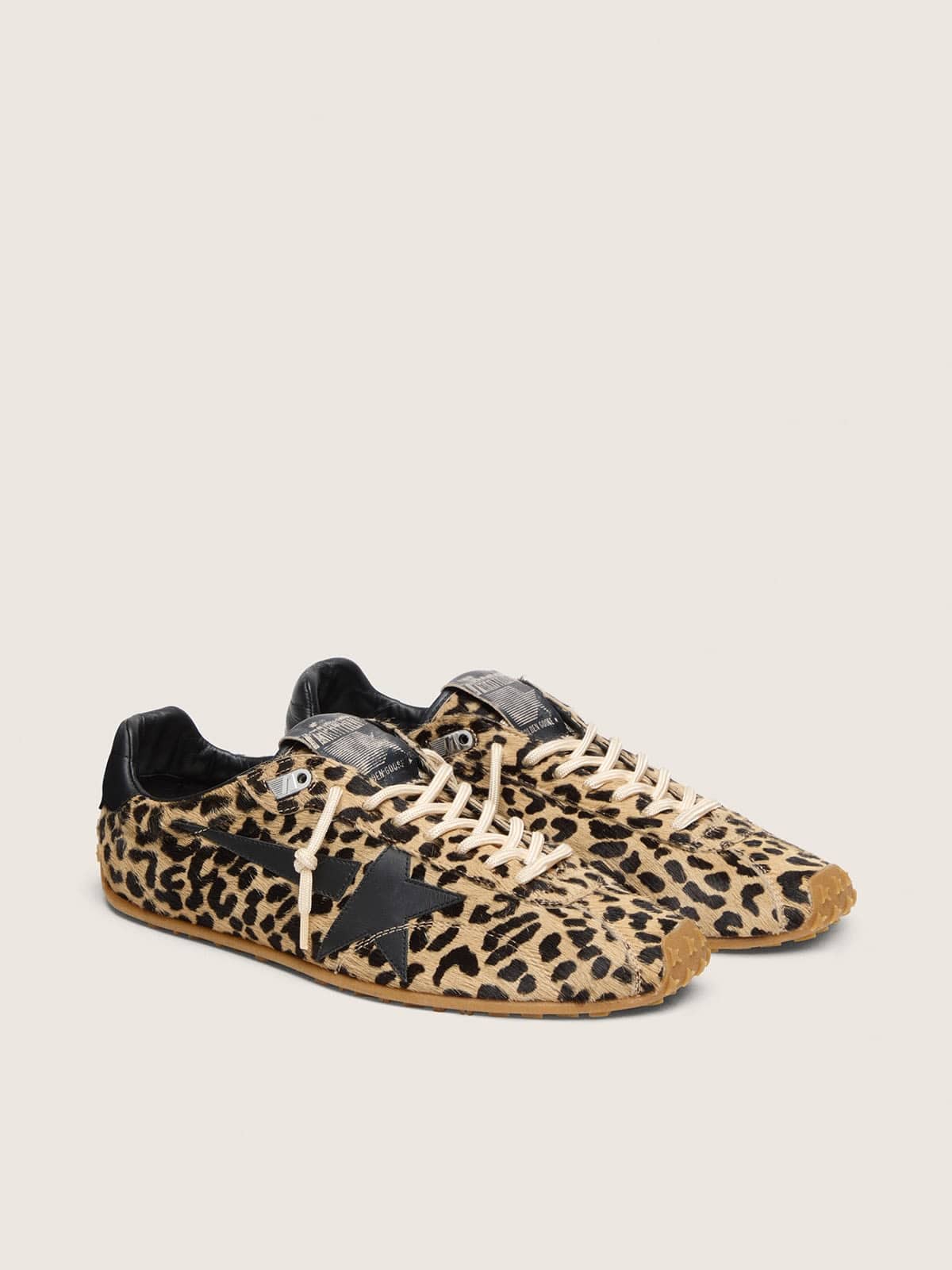 Golden Goose Womens Marathon Speed In Beige And Black Leopard-Print Pony Skin With Black Leather Star Womens