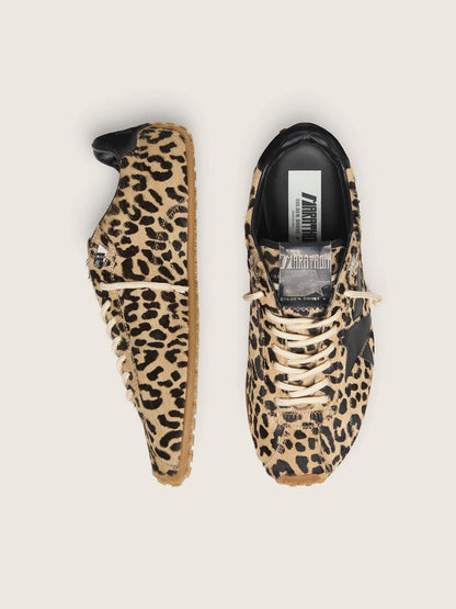 Golden Goose Womens Marathon Speed In Beige And Black Leopard-Print Pony Skin With Black Leather Star Womens